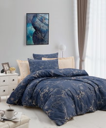 L'essentiel linge de maison Juego de funda de edredón doble Azul oscuro y crema